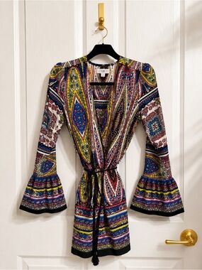 Gianni Bini Blue, Yellow & Red Paisley Print Tie-Waist Romper